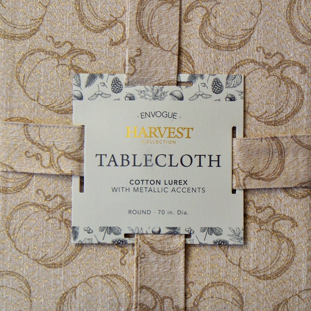 Envogue Harvest Fabric Tablecloth 70 in Round Cotton Lurex Gold Metallic Accents - Picture 2 of 4